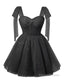 Sparkly Starry Black Tulle Short Homecoming Dresses Spaghetti Bow Straps Prom Dress Sequin Cocktail Prom Dress for Teens