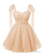 Sparkly Starry Blush Pink Tulle Short Homecoming Dresses Spaghetti Bow Straps Prom Dress Sequin Cocktail Party Dress for Teens