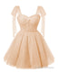 Sparkly Starry Blush Pink Tulle Short Homecoming Dresses Spaghetti Bow Straps Prom Dress Sequin Cocktail Prom Dress for Teens