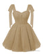 Sparkly Starry Champagne Tulle Short Homecoming Dresses Spaghetti Bow Straps Prom Dress Sequin Cocktail Prom Dress for Teens