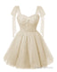 Sparkly Starry Light Champagne Tulle Short Homecoming Dresses Spaghetti Bow Straps Prom Dress Sequin Cocktail Prom Dress for Teens