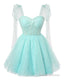 Sparkly Starry Mint Green Tulle Short Homecoming Dresses Spaghetti Bow Straps Prom Dress Sequin Cocktail Party Dress for Teens