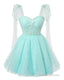 Sparkly Starry Mint Green Tulle Short Homecoming Dresses Spaghetti Bow Straps Prom Dress Sequin Cocktail Prom Dress for Teens