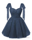 Sparkly Starry Navy Blue Tulle Short Homecoming Dresses Spaghetti Bow Straps Prom Dress Sequin Cocktail Prom Dress for Teens