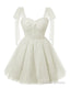 Sparkly Starry White Tulle Short Homecoming Dresses Spaghetti Bow Straps Prom Dress Sequin Cocktail Prom Dress for Teens