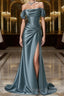 Steel Blue Silk Prom Dresses - Corset Back Wedding Dresses with Off-the-Shoulder Design Plus Size