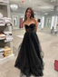 Strapless A-Line Tulle Prom Dresses Black Lace Prom Gowns