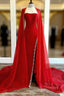 Strapless Beaded Side Slit Red Long Prom Dress With Cape