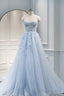 Strapless Blue Lace Prom Dresses, Strapless Blue Lace Long Formal Prom Dresses