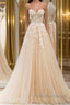 Strapless Champagne Lace Tulle Long Prom Dresses Champagne Lace Prom Dresses