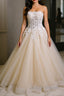 Strapless Champagne Prom Dress Long with Lace Appliques Champagne Lace Prom Dress