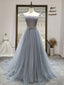 Strapless Gray Tulle Long Prom Dresses, Strapless Gray Long Formal Prom Dresses