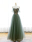Strapless Green Tulle Floral Long Prom Dresses, Green Tulle Floral Formal Evening Dresses