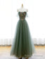 Strapless Green Tulle Floral Long Prom Dresses, Green Tulle Floral Formal Prom Dresses