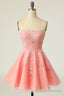 Strapless Pink Lace Appliues A Line Short Prom Dress