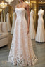 Strapless Pink Lace Long Prom Dresses, Pink Lace Formal Graduation Evening Dresses