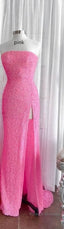 Strapless Pink Sequins Prom Dresses with Slit Sparkly White Night Dress Prom Event