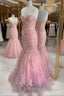 Strapless Pink Tulle Lace Long Mermaid Prom Dresses