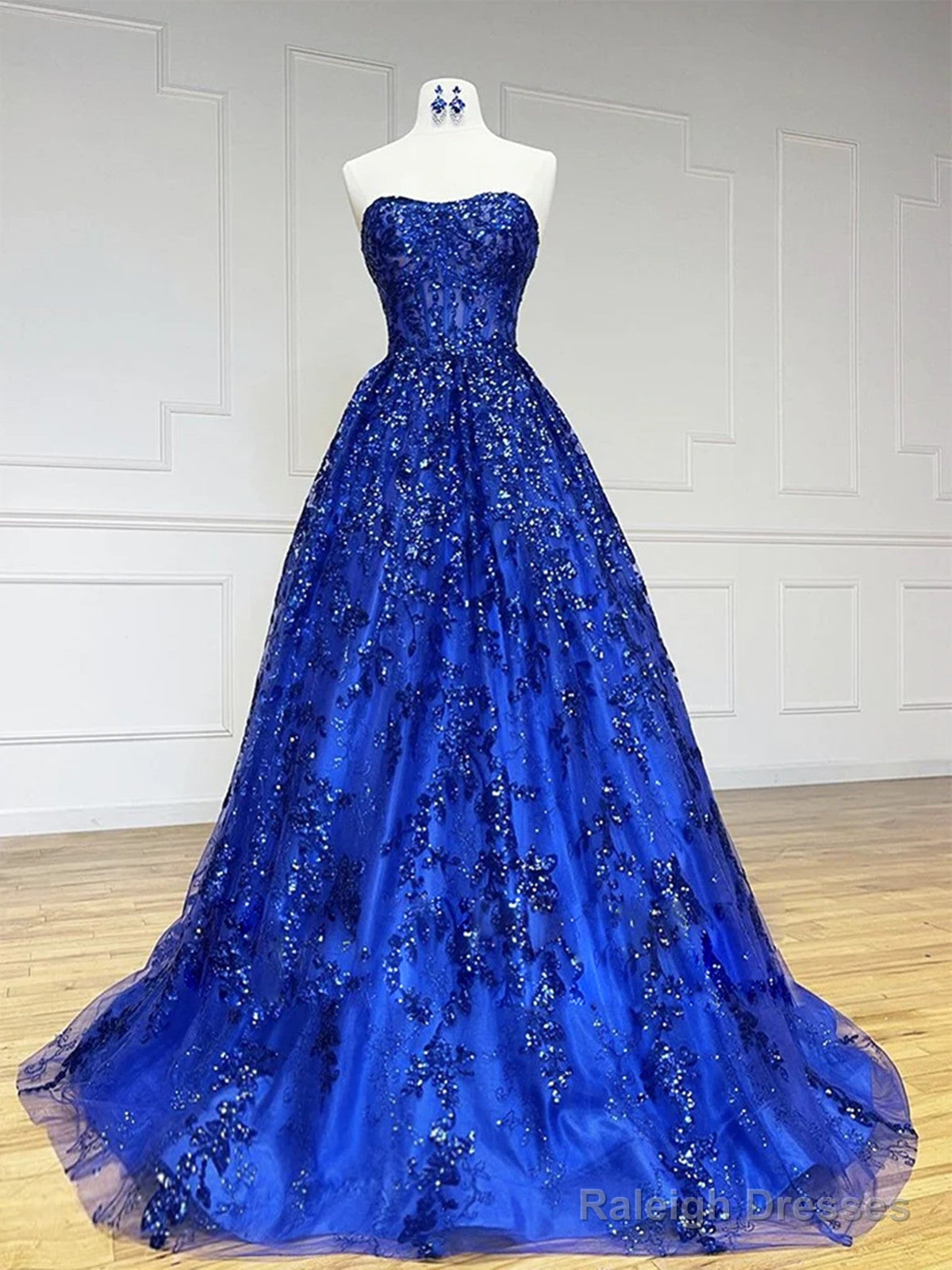 Strapless Royal Blue Lace Long Prom Dress Royal Blue Lace Prom Dress