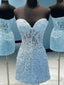 Strapless Short Blue Lace Prom Dresses, Short Blue Lace Formal Homecoming Dresses