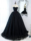 Strapless Sweetheart Neck Black Tulle Prom Dresses, Black Tulle Formal Gown