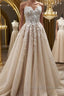 Strapless Sweetheart Neck Champagne Lace Appliques Long Prom Dresses Champagne Lace Floral Prom Dresses