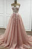 Strapless Sweetheart Neck Pink Lace Appliques Long Prom Dress,Floral Formal Dress,Fashion Prom Dresses