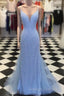 Straps Light Blue Mermaid Prom Dresses Beaded Backless Formal Dresses
