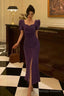 Stunning Sheath Square Neckline Short Sleeves Date Night Dresses Grape Prom Dress Birthday Outfit
