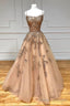 Stylish Tulle Long Prom Dress with Lace, A-Line Backless Formal Evening Dress