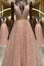 Stylish V Neck Pink Long Prom Dress with Stars Sequins, Long Pink Formal Evening Dress