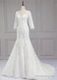 Sweep Train V-Neck 3/4 Sleeves Lace Wedding Dress