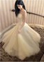 Sweet Cream Apricot A-Line Spaghetti Strap Lace Tulle Long Formal Prom Dress