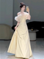 Sweet Cream Yellow A-Line Off-The-Shoulder Bow-Embellished High-Slit Satin Long Formal Prom Dress