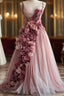 Sweet Pink A-Line Sweetheart Neck Tulle Long Prom Dress 3D Applique Wedding Dress