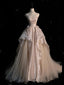 Sweet Pink A-Line Tulle Satin Prom Dress Long Strapless Applique Wedding Dress