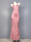 Sweet Pink Mermaid Cross-Ribbon Embroidered Satin Slit Long Formal Prom Dress