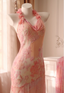 Sweet Pink Mermaid Halter Neck Beaded Chiffon Formal Prom Dress