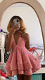 Sweet Pink Sequined V Neck Mini 17Th Birthday Homecoming Dress