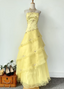 Sweet Princess Yellow A-Line Strapless Beaded Embroidered Tulle Long Formal Prom Dress