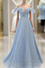Sweet Sky Blue Sparkling Pleated Short Sleeved Off Shoulder Ball Dresses Sky Blue A-Line Princess Backless Tie With Ruffle Edge And Floor Length Prom Dresses