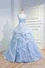 Sweetheart Baby Blue Organza V Neck Ruffles Appliques Prom Dresses