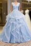 Sweetheart Blue Organza Ballgown V Neck Ruffles Appliques Prom Dresses Beautiful