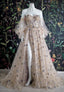 Sweetheart Champagne Tulle Bubble Sleeves Long A Line Prom Dress Beaded Evening Dress