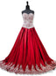 Sweetheart Gold Lace Appliques Ball Gown Red Prom Dress