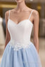 Sweetheart Neck Backless Blue And White Sweep Train Lace Prom Dresseses