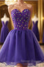 Sweetheart Neck Beaded Dark Purple Short Prom Dresses Strapless Dark Purple Homecoming Dresses Dark Purple Beaded Prom Dresses