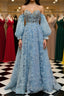 Sweetheart Neck Blue Lace Appliques Prom Dresses Long with Long Sleeves Blue Lace Floral Prom Graduation Prom Dresses