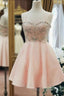 Sweetheart Neck Short Pink Prom Dress Short Pink Beaded Homecoming Graduation Dress