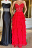 Sweetheart Red Corset Chiffon Ruffle Long Prom Dress